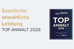 Ein blaues Zertifikat mit der Aufschrift "TOP ANWALT 2026" neben gelbem Text, der "Exzellente anwaltliche Leistung" zeigt.