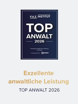 Ein Zertifikat mit der Aufschrift "TOP ANWALT 2026" in dunkelblauer Farbe.
